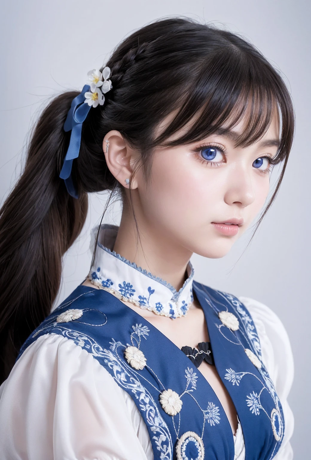 A close-up portrait of a young woman with mesmerizing features, surrounded by whimsical twintails styled in Ainu-inspired traditional attire merged with Gothic ta fashion. She poses mid-flight, décolletage softly lit against a crisp white background. The intricate embroidery on her floor-length ball gown subtly catches the eye, as piercing blue eyes and impressive breasts command attention.