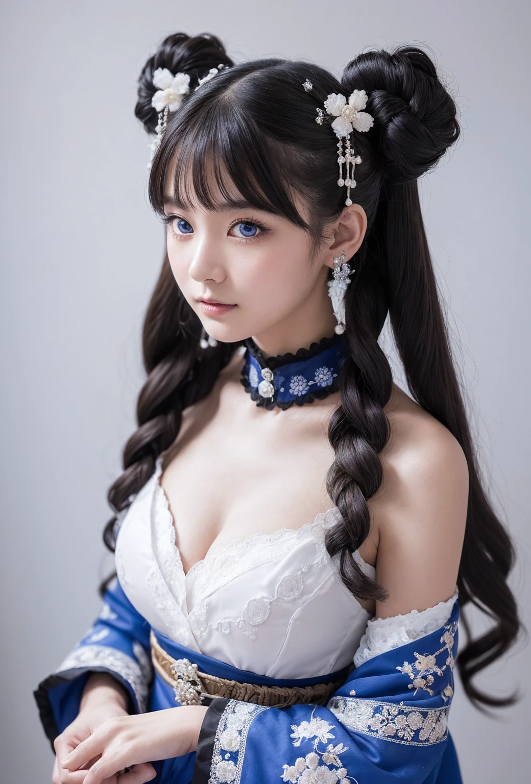 A close-up portrait of a young woman with mesmerizing features, surrounded by whimsical twintails styled in Ainu-inspired traditional attire merged with Gothic ta fashion. She poses mid-flight, décolletage softly lit against a crisp white background. The intricate embroidery on her floor-length ball gown subtly catches the eye, as piercing blue eyes and impressive breasts command attention.