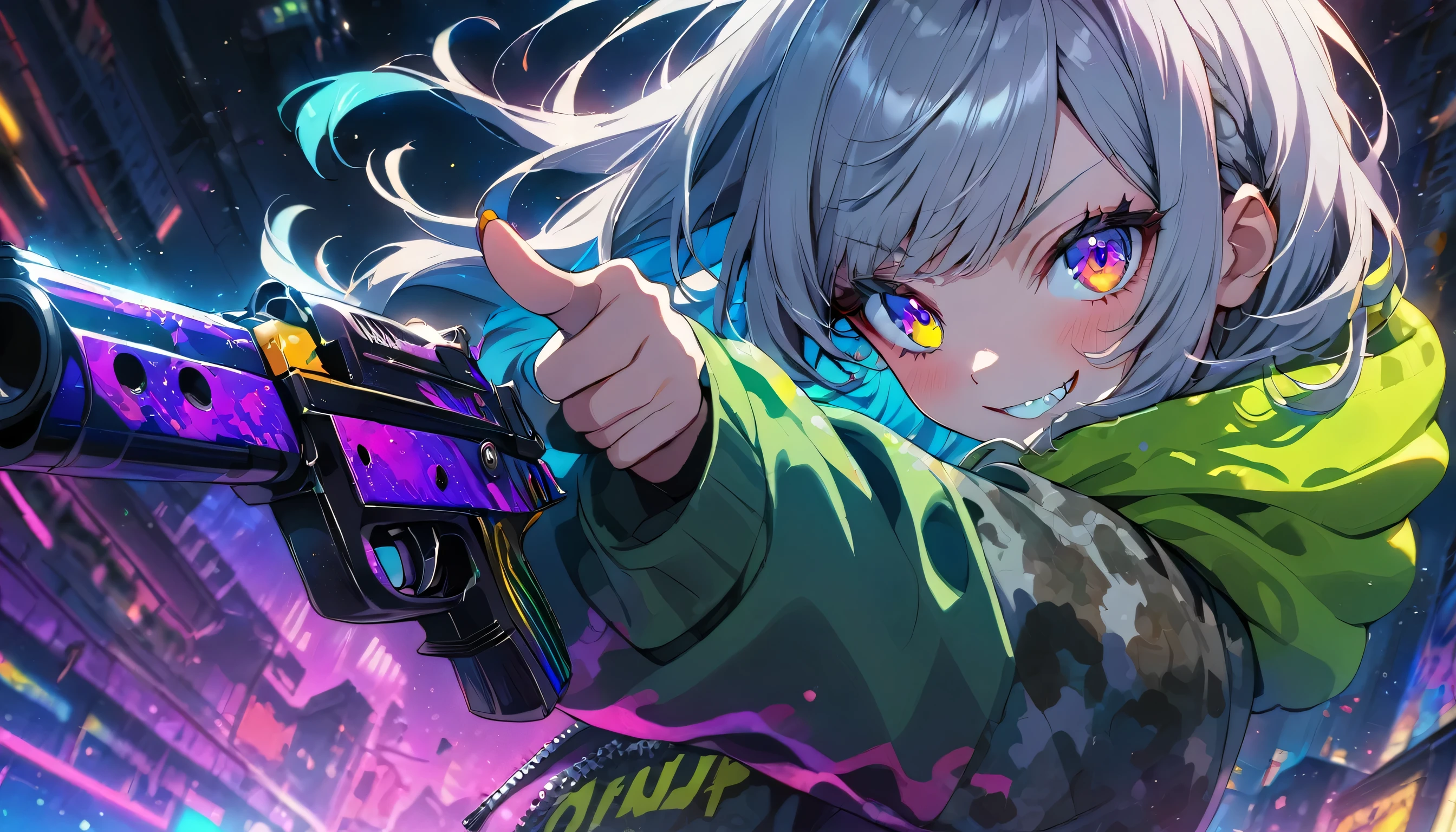 ((Masterpiece)), ((best quality)), (Anime:1.3), (super detail:1.2), (High Definition:1.3), (Professional Photography:1.3), cute young Girl, Glossy unruly hair, (loose swept bangs), (silver ash hair), medium hair, big eyes, (Eye bags:1.3), (Long eyelashes), colorful eyes, (evil smile and blush), Glossy lips, (jagged teeth), ((Camouflage hoodie with oversized)), (holding a handgun:1.3), cute, neon lit, starry night, (upper body:1.8), (colorful:1.3), gothic makeup, wearing headphones, dutch angle, (from side), (pointing handgun:1.5)