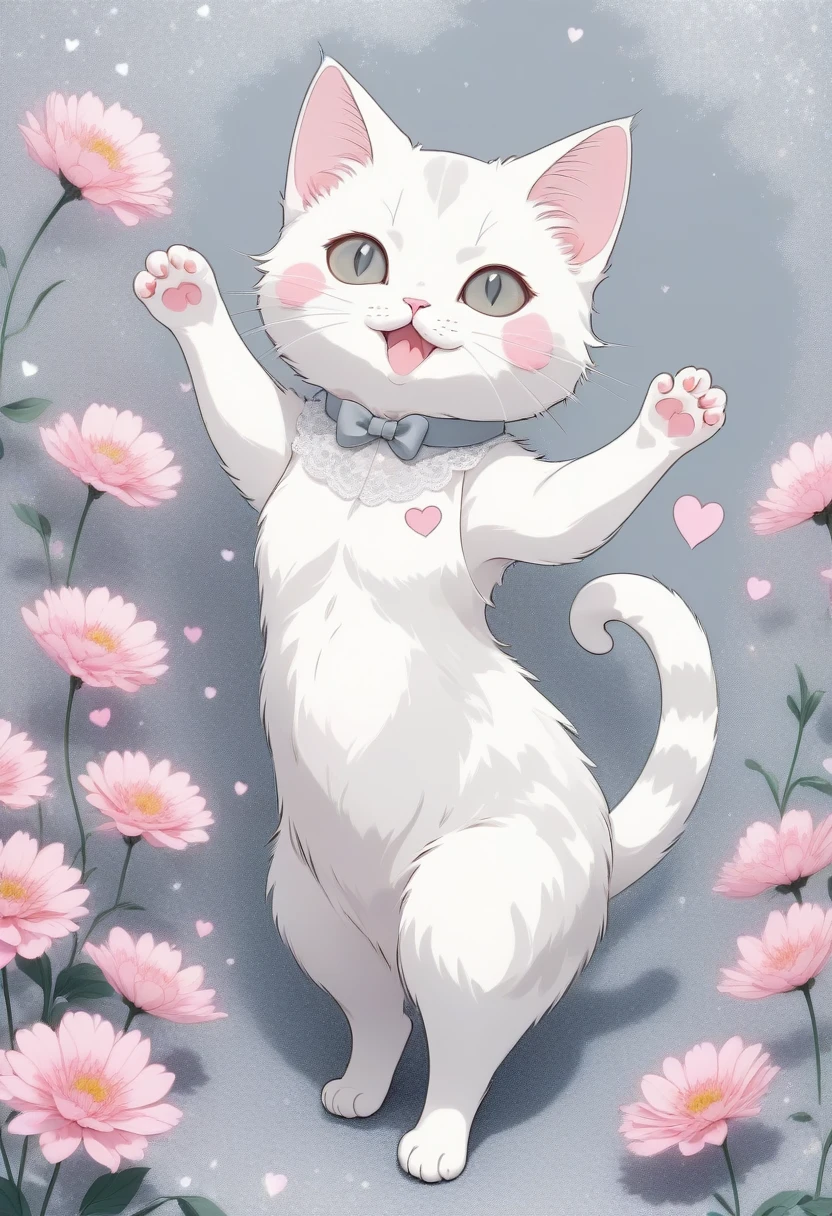 score_9, score_8_up, score_7_up, score_6_up, score_5_up, score_4_up, source_anime, 2.5D, very cute slender white female cat, pink flowers on her ears, standing and waving, grey heart mark on her belly, lace apron from the waist down, grey tail, fluffy effect in pastel colors, glitter effect, conceptual installation pop art