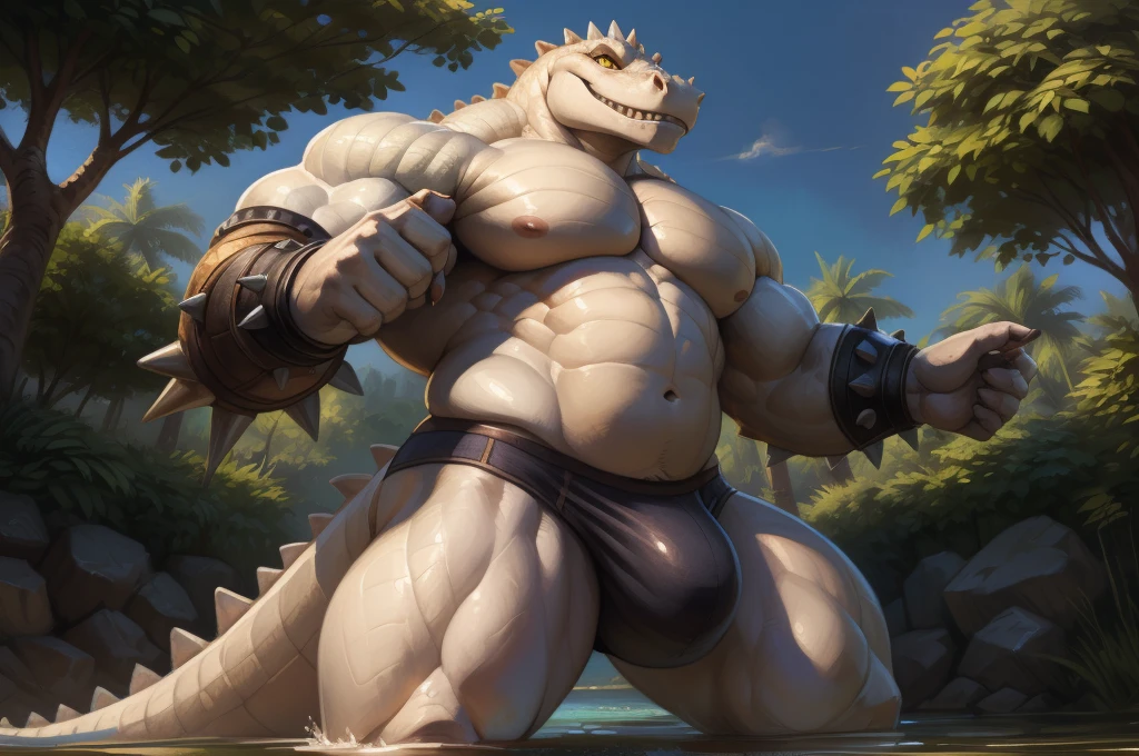 (ultra detailed), a beautiful and detailed full size portrait of a male anthro white alligator, alligatorid, crocodilian, kaiju, reptile, scalie (((white body, white skin))), yellow eyes, lizard eyes, bedroom eyes, High Dynamic Range, cinematic shot, detailed eyes, big body goddess, kenket, Ross Tran,ruan jia, trending on artstation,foxovh, white spikes, cenematic lighting, (half-body shot:1.2), muscular anthro (((big pecs, buff, strong, spike arms))), looking at viewer, standing, front view, covering crotch, blush (((black underwear, big bulge)), full body, smile, mango trees, stone wall, distant water, detailed background,