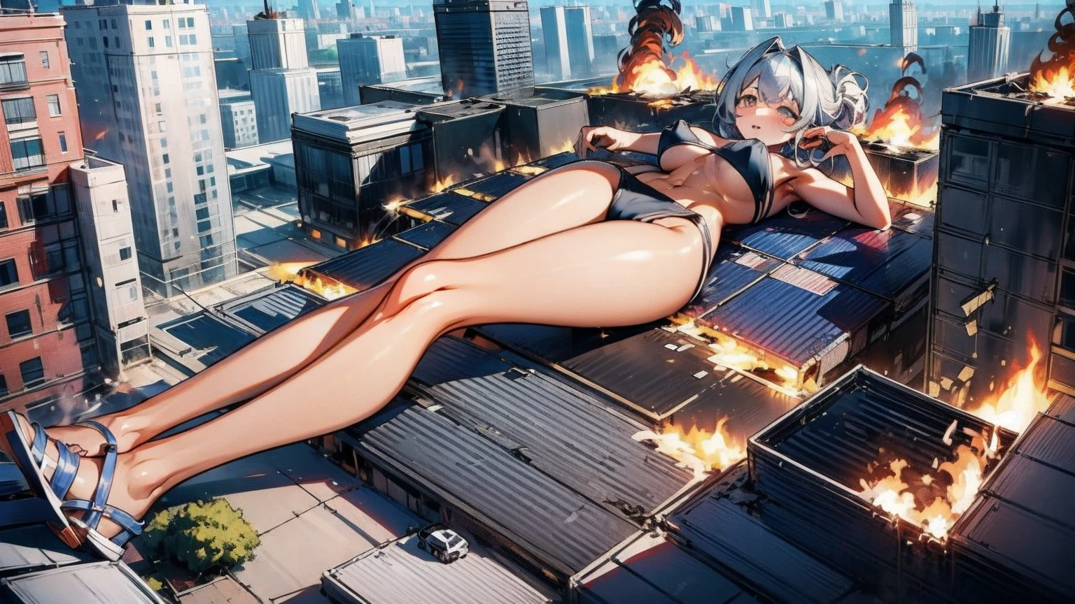 Giantess with firm , long sexy legs, yellow hair and in a bikini is lying on the ground, while the city at her feet burns in flames for the destruction she has caused, while the tiny people climb on her body to try to defeat her uselessly. Giantess, goddess, macrophilia, curvaceous body, hentai, fetish, sexy legs, bikini, high heels, high quality