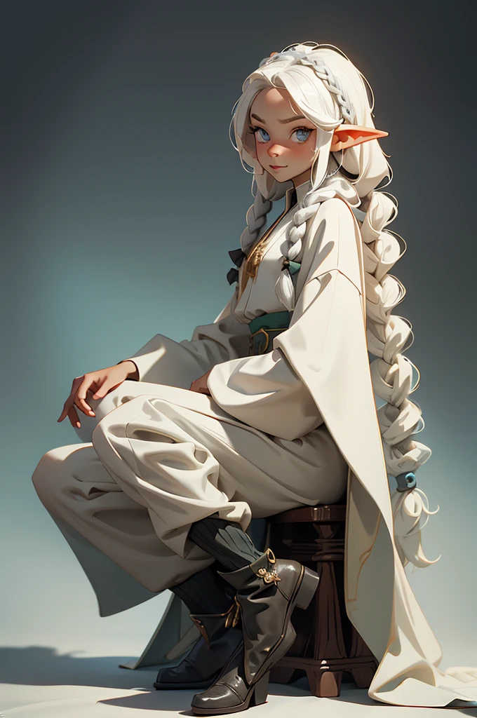 elf, young cute boy, long hair, braids, young, cute, ,medieval clothes, black and white clothes, jester, tanned skin, robe, pants, long socks