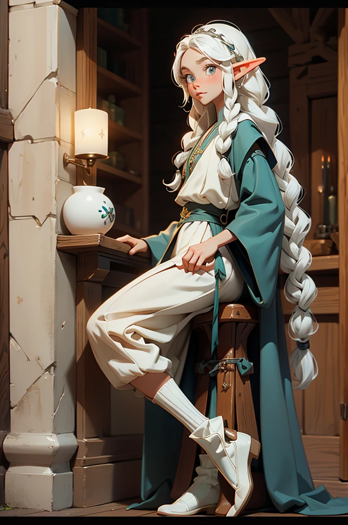 elf, young cute boy, long hair, braids, young, cute, ,medieval clothes, black and white clothes, jester, tanned skin, robe, pants, long socks