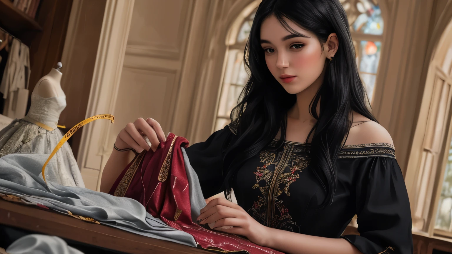 ((best quality)), ((masterpiece)), (detailed), A digital illustration of a young woman surrounded by fabric and sewing materials, with magical sparkles emanating from her hands as she creates a dress. She has long black hair and is wearing a flowing red dress.
