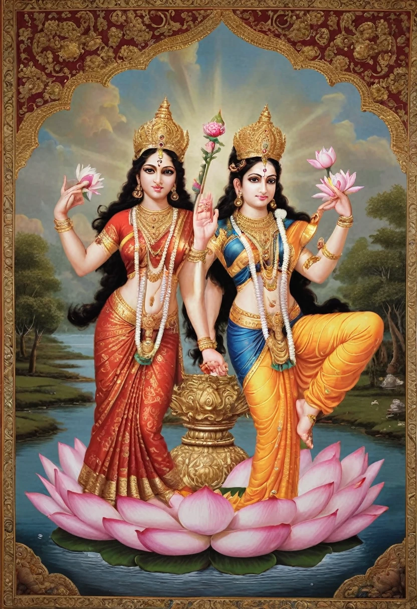A captivating tableau of divine sibling unity, with the brother dressed as the mighty God Vishnu and the sister as the serene goddess Parvati. The brother's vibrant attire is adorned with ornate gold and blue fabrics, reflecting the cosmic elegance of the supreme deity. His four strong arms are gracefully outstretched, each hand holding a symbol of divine power: the chakra, a spinning disk of energy representing protection and the maintenance of order; the shankh, a conch shell that signifies the primordial sound of creation and the call to spiritual awakening; the gada, a mace symbolizing strength and the ability to vanquish ignorance; and a delicate flower, a testament to the gentle, nurturing aspect of Vishnu. His piercing gaze and stoic posture exude a sense of steadfastness and eternal vigilance. In contrast, the sister, as Goddess Parvati, is a vision of grace and beauty, dressed in a red and gold sari that shimmers like the sunset. Her two hands are poised in a delicate balance: one holds a bouquet of lotus flowers, the epitome of purity and spiritual growth, while the other forms the var mudra, a gesture of bestowing boons and protection. Together, they are seated on an enormous, fully bloomed lotus that emerges from the calm waters of a celestial pond, the petals unfurling around them like a sacred throne. The background is a tapestry of heavenly hues, with soft clouds and beams of light accentuating the divine aura. The intricate details of their jewelry, the serene expressions on their faces, and the harmonious interplay of their gestures convey a powerful narrative of protection, wisdom, and the eternal dance of creation and preservation. This visual spectacle is a celebration of the rich tapestry of Hindu mythology, inviting viewers to revel in the divine beauty and might of these revered deities.