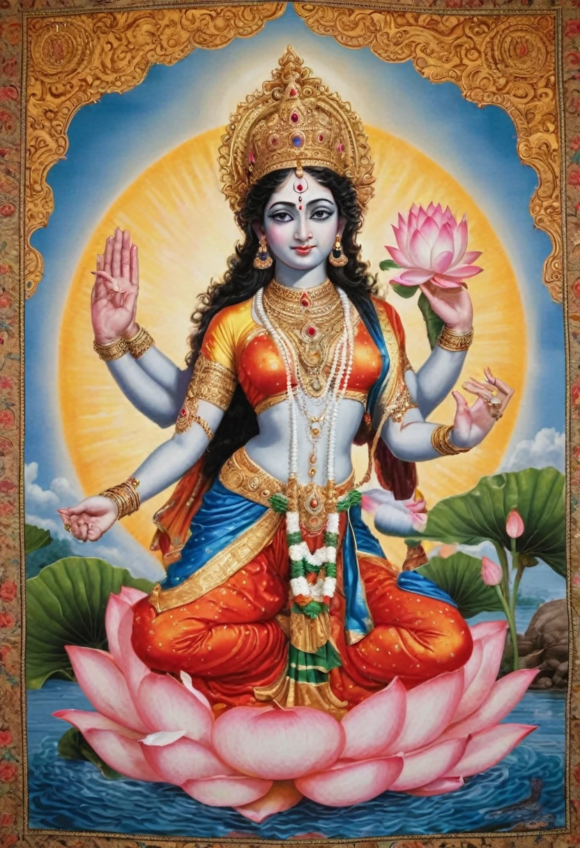 A captivating tableau of divine sibling unity, with the brother dressed as the mighty God Vishnu and the sister as the serene goddess Parvati. The brother's vibrant attire is adorned with ornate gold and blue fabrics, reflecting the cosmic elegance of the supreme deity. His four strong arms are gracefully outstretched, each hand holding a symbol of divine power: the chakra, a spinning disk of energy representing protection and the maintenance of order; the shankh, a conch shell that signifies the primordial sound of creation and the call to spiritual awakening; the gada, a mace symbolizing strength and the ability to vanquish ignorance; and a delicate flower, a testament to the gentle, nurturing aspect of Vishnu. His piercing gaze and stoic posture exude a sense of steadfastness and eternal vigilance. In contrast, the sister, as Goddess Parvati, is a vision of grace and beauty, dressed in a red and gold sari that shimmers like the sunset. Her two hands are poised in a delicate balance: one holds a bouquet of lotus flowers, the epitome of purity and spiritual growth, while the other forms the var mudra, a gesture of bestowing boons and protection. Together, they are seated on an enormous, fully bloomed lotus that emerges from the calm waters of a celestial pond, the petals unfurling around them like a sacred throne. The background is a tapestry of heavenly hues, with soft clouds and beams of light accentuating the divine aura. The intricate details of their jewelry, the serene expressions on their faces, and the harmonious interplay of their gestures convey a powerful narrative of protection, wisdom, and the eternal dance of creation and preservation. This visual spectacle is a celebration of the rich tapestry of Hindu mythology, inviting viewers to revel in the divine beauty and might of these revered deities.