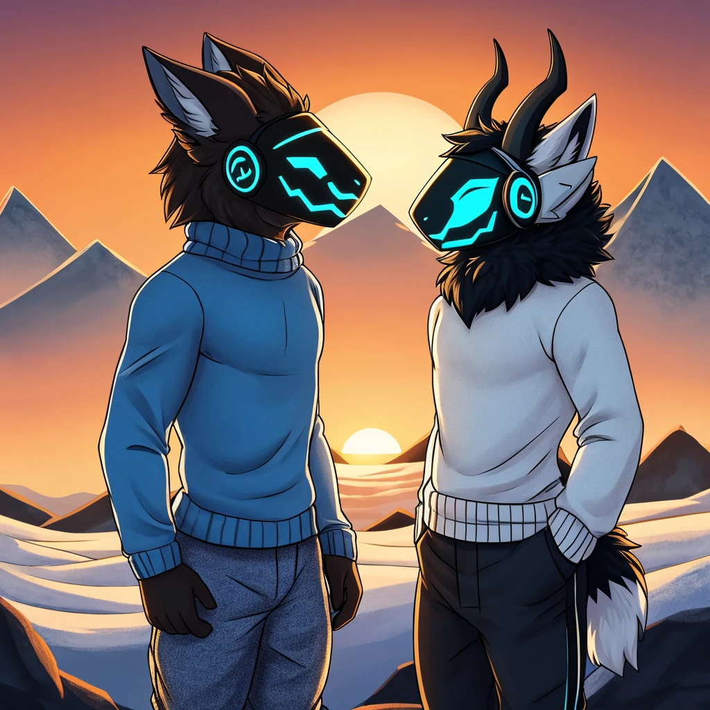 Hairy protogen with horns on his head and smiling in a mountainous sunset and blue with black and white with the body of a protogen with more vital parts and with a sweater and mountain pants