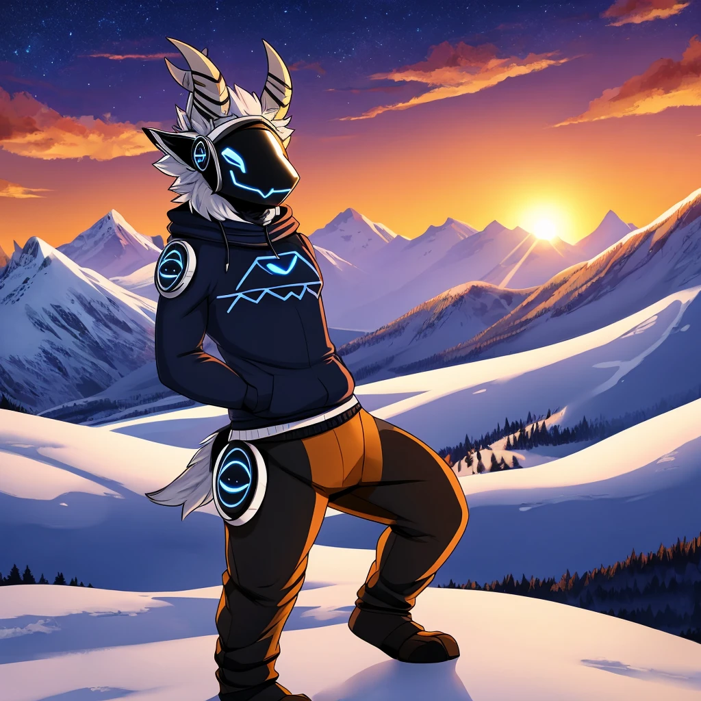 Hairy protogen with horns on his head and smiling in a mountainous sunset and blue with black and white with the body of a protogen with more vital parts and with a sweater and mountain pants