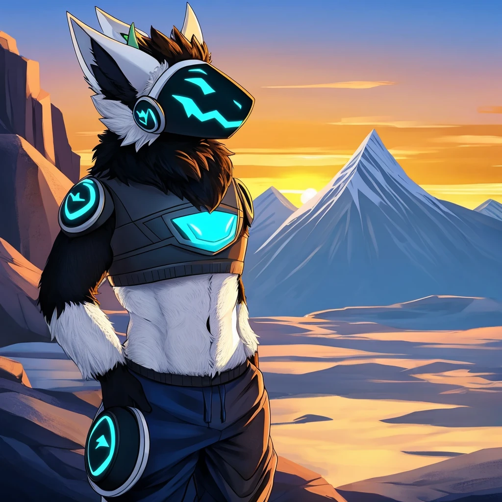 Hairy protogen with horns on his head and smiling in a mountainous sunset and blue with black and white with the body of a protogen with more vital parts and with a sweater and mountain pants