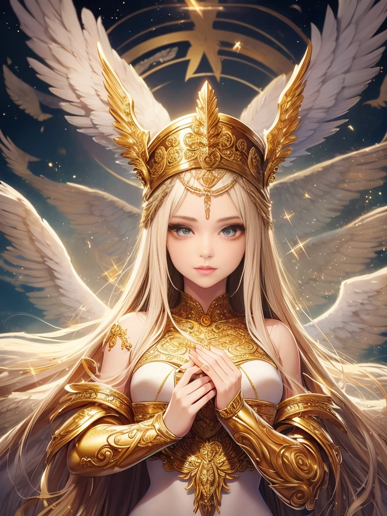 Angerwomont,1girl in,Beautiful detailed eyes,Beautiful detailed lips,extremely detailed eye and face,longeyelashes,Soft and glowing skin,serene expressions, Radiant smile, flowing golden hair, wings with white feathers, shining halo,heavenly aura, ethereal beauty,Gold and white attire,Ornate and intricate design,Celestial atmosphere,Sacred background,Divine Light,Angelic Beings