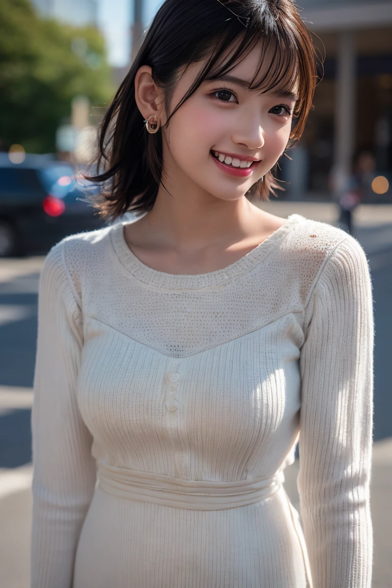 (8K, RAW Photos,Highest quality, High resolution:1.1), (Ultra-realistic:1.4),(Realistic:1.4), Realistic Face,Realistic Body,Realistic Skin,masterpiece,(cute:1.8), cute子たち, Detailed black eyes,Innocent eyes,Cinema Lighting,Film Grain,jewelry,Earrings,((Medium Hair:1.1)),Cherry-colored lips,Hair Ribbon,ponytail,Look Viewer,Long Hair,,Open your lips,Upper teeth, (Smiling Eyes:0.6),((Grin:1.3)),Blurred Background, Eye focus , Bokeh,young, 85mm lens,young,Portraiture,Photon Mapping,Radio City,Physically Based Rendering,Asian,(Knitted dress:1.3))