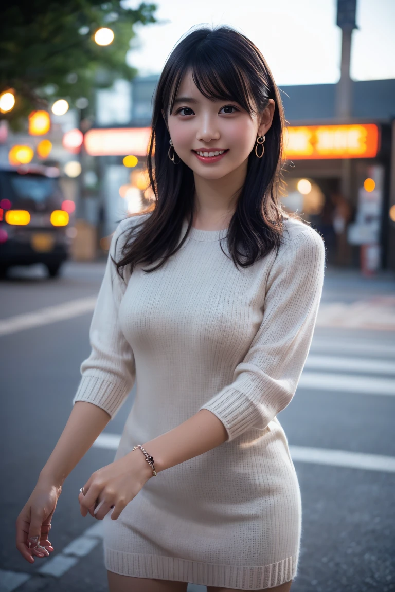 (8K, RAW Photos,Highest quality, High resolution:1.1), (Ultra-realistic:1.4),(Realistic:1.4), Realistic Face,Realistic Body,Realistic Skin,masterpiece,(cute:1.8), cute子たち, Detailed black eyes,Innocent eyes,Cinema Lighting,Film Grain,jewelry,Earrings,((Medium Hair:1.1)),Cherry-colored lips,Hair Ribbon,ponytail,Look Viewer,Long Hair,,Open your lips,Upper teeth, (Smiling Eyes:0.6),((Grin:1.3)),Blurred Background, Eye focus , Bokeh,young, 85mm lens,young,Portraiture,Photon Mapping,Radio City,Physically Based Rendering,Asian,(Knitted dress:1.3))