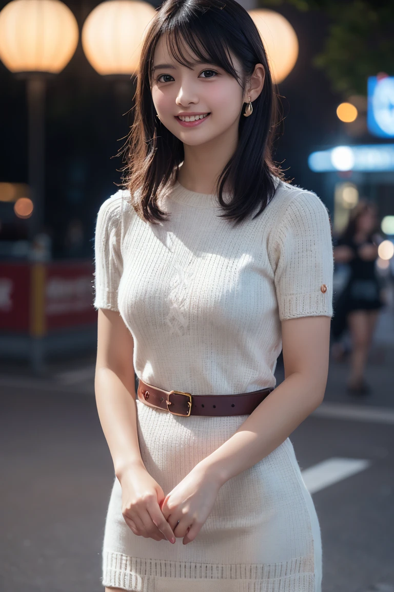 (8K, RAW Photos,Highest quality, High resolution:1.1), (Ultra-realistic:1.4),(Realistic:1.4), Realistic Face,Realistic Body,Realistic Skin,masterpiece,(cute:1.8), cute子たち, Detailed black eyes,Innocent eyes,Cinema Lighting,Film Grain,jewelry,Earrings,((Medium Hair:1.1)),Cherry-colored lips,Hair Ribbon,ponytail,Look Viewer,Long Hair,,Open your lips,Upper teeth, (Smiling Eyes:0.6),((Grin:1.3)),Blurred Background, Eye focus , Bokeh,young, 85mm lens,young,Portraiture,Photon Mapping,Radio City,Physically Based Rendering,Asian,(Knitted dress:1.3))