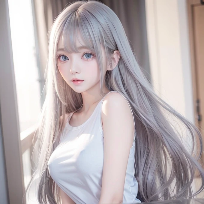 silver shiny hair、Super long straight silky hair、Dazzling blonde super long silky hair、16 years old cute little beautiful face、A beautiful girl、Sparkling blonde dancing in front of a pretty face、Long, silky bangs that cover the space between the eyes、Very beautiful, bright, large, light blue eyes、Very big eyes、Hair that hides the face、Sexy pretty young woman with super long bangs、Very white skin、Cheek gloss highlighter、Small Face Beauty、Round face、Cute Shirts、Ample Bust、nipple、Erect nipples, embarrassed face、Skinny jeans and t-shirt