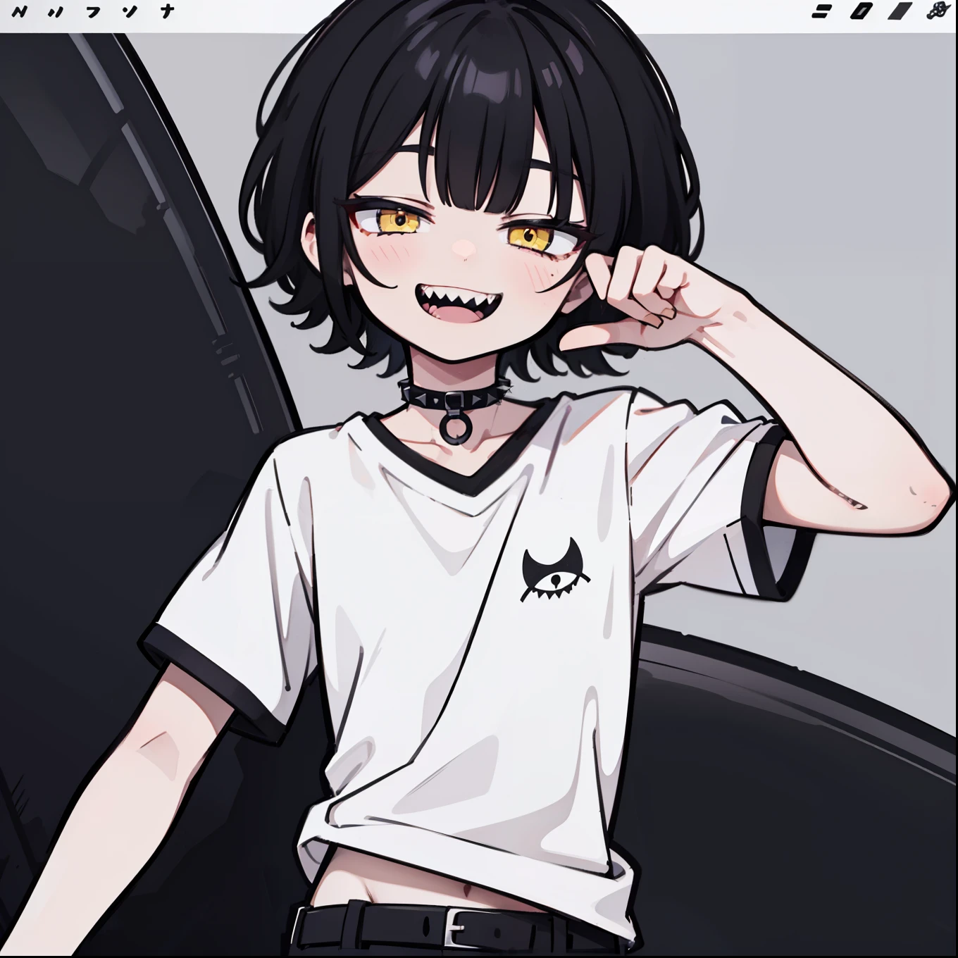 {{{{masterpiece}}}},{{Highest quality}},{{Official Art}},{{Highly detailed CG Unity 8k wallpaper}},{{{Art Book}}} (One boy) Black Hair, ((Short Hair)), ((Oblique bangs)), Yellow Eyes, Jagged teeth, (((A nasty smile, Grin, Sharp teeth))), ((Short sleeve shirt)), Black trousers, Spiked Choker, belt, Dark Theme, {{White skin}}, shape, Bright Eyes, alone