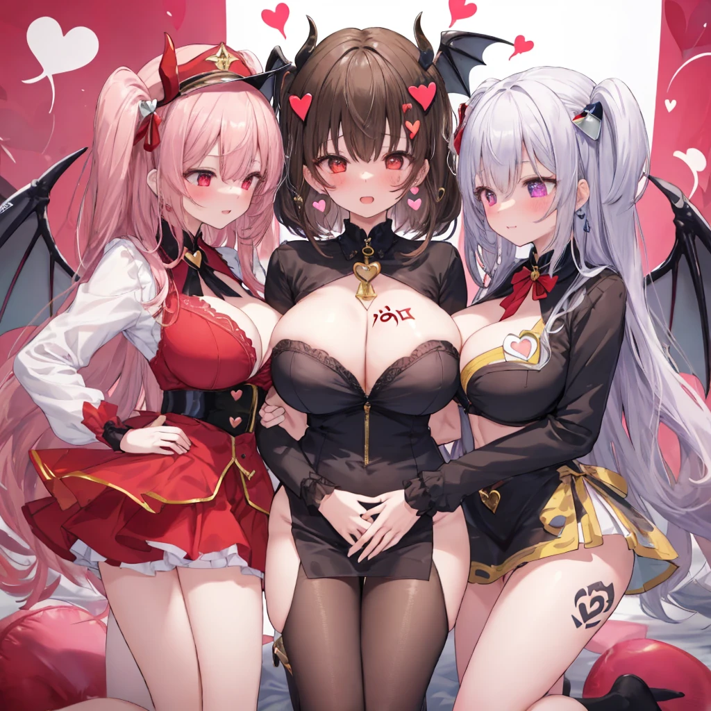 Details, ultra-detailliert, masterpiece, top-quality, Beautiful fece, A detailed eye, (3 women:1.4), Three Succubi (symmetrical succubus wings), (triplets:1.2), (ribbon:1.1), (two side up), tie, Bree, earrings, Suspicious face, (white background:1.3), alicious smile, Bruises and ugly facial features, young features, long-sleeve, fluffy sleeves, fluffy hair, (Open your mouth and laugh), Chiquita, Colossal tits, (Put your hands on your face), Ruffled uniforms, hair clips, (Ridicule:1.1), looking-down, Angle from behind, respected by women, (upward looking gaze:1.2), (hearts symbol:1.5), (lump of heart:1.5), (heart effect:1.5), (heart mark:1.5), demon tail, Devil's Taiuccubus, (super Colossal tits:1.3), (heart tattoo:1.3), Yodare, Devil's Tail, Chest Alignment,  Girl Sandwich face sandwich (confused and blushing,kawaii facepose your ahegao), hug each other, catch them, そしてサンドイッチを作ってサンドイッチにhug each otherポーズ, (burying boy's face in cleavage:1.2), sandwich from front and back, Sullen expression 4p, boy looking away