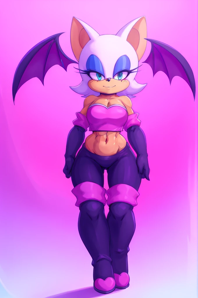a digital artwork of Rouge the bat with long boots, gloves, and abs wearing a crop top of her outfit with black pants, a bare midriff and a bare navel , digital art, ((perfect face)), ((best quality)), ((masterpiece)), she has a tan midriff, bat wings, she is wearing sunglasses