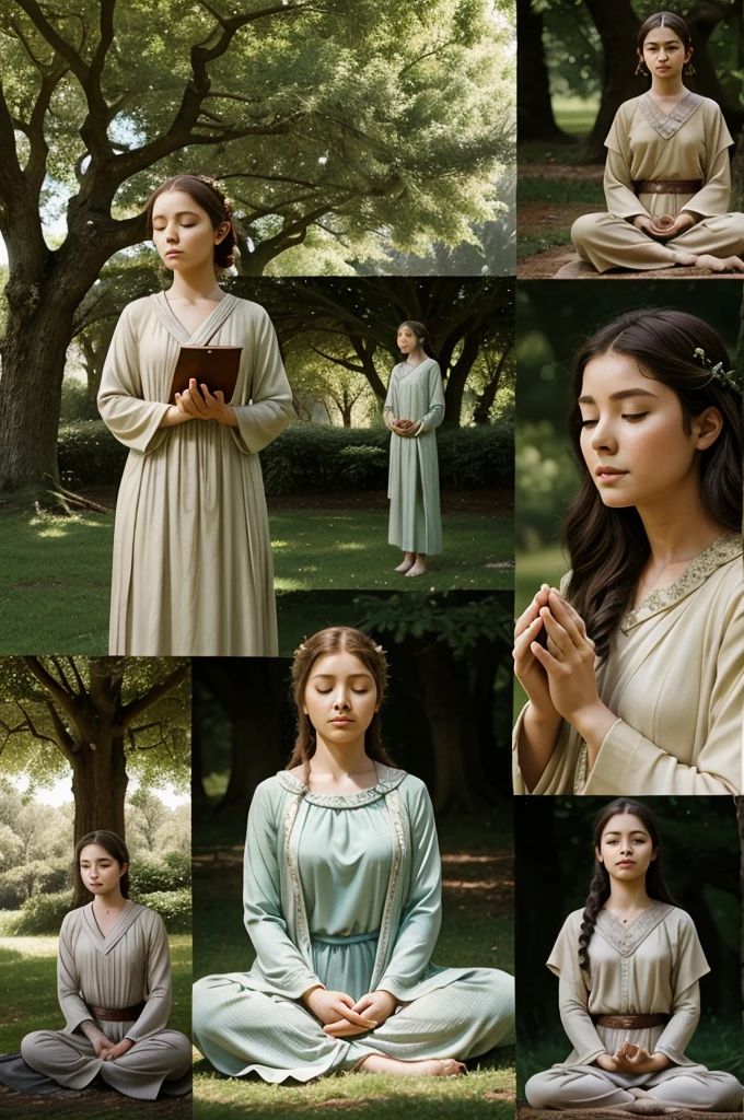 A montage showing different generations of villagers visiting the oak tree, meditating, and learning from nature. Elara’s spirit is symbolized as a gentle light enveloping the scene, indicating her lasting influence and the continuity of her teachings