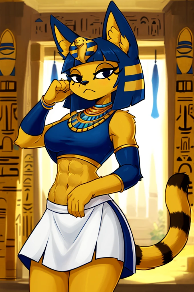 ((best quality)), ((masterpiece)), (detailed), a digital artwork of ankha with abs wearing a crop top of her white sleeveless dress with white long dress skirt, a bare midriff and a bare navel, Egyptian setting, tail, blue Egyptian handbands, furry, anthro style, 2d style