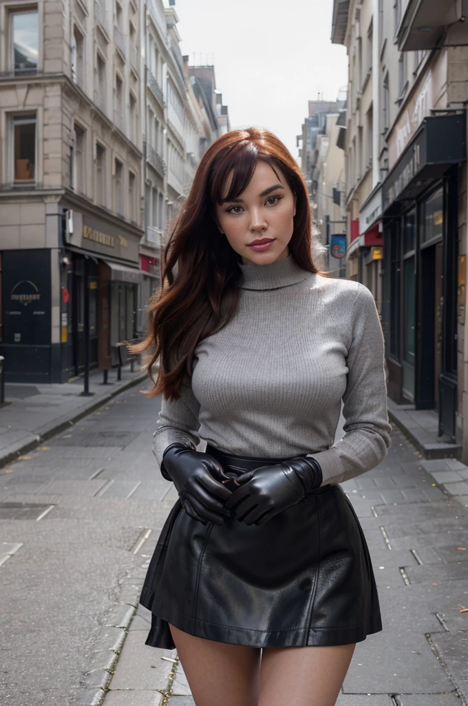 proFessional portrait photograph oF a gorgeous Bettie Page girl in winter clothing with long wavy red hair, sultry Flirty look, gorgeous symmetrical Face, joli maquillage naturel, wearing elegant warm winter Fashion clothing, ((debout dehors dans une rue enneigée de la ville)), (( soft grey leather gloves )) (( grey skirt)) superbe environnement urbain moderne, ultra realistic, art conceptuel, elegant, Very detailed, complexe, sharp Focus, depth oF Field, F/1. 8, 85mm, Coup moyen, midplane, (((proFessionally color graded))), bright soFt diFFused light, (volumetric Fog), tendance sur Instagram, hdr 4k, 8K