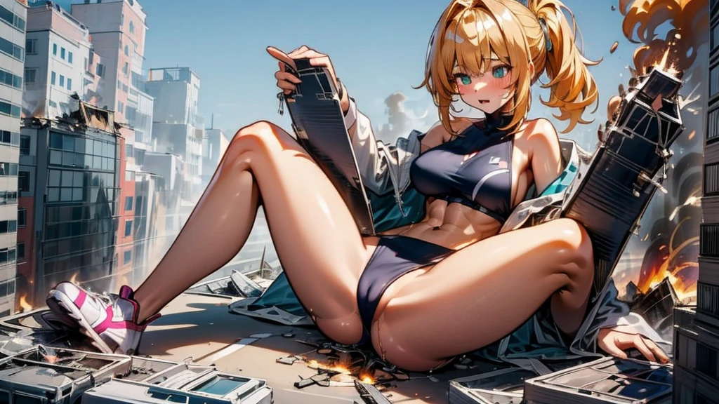 Giantess with firm , long sexy legs, yellow hair and in a bikini is lying on the ground, while the city at her feet burns in flames from the destruction she has caused, while tiny people climb on her body to have sex with her. Giantess, goddess, macrophilia, curvaceous body, hentai, fetish, sexy legs, bikini, high heels, high quality, tiny people, tiny people climbing