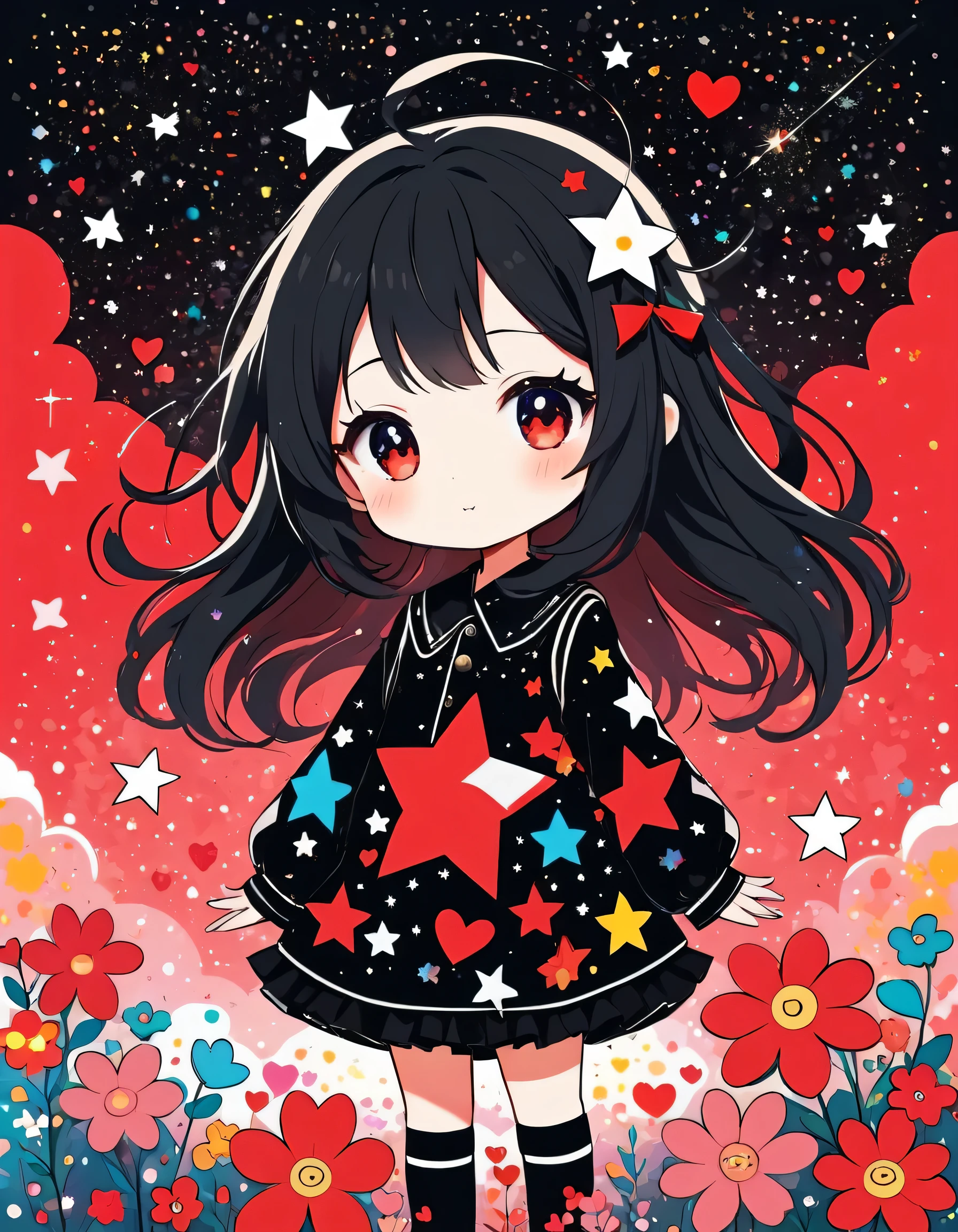 Black Star Red and White style, Simple Line Initialism,Abstract art,kawaii Design, (((The most kawaii girl of all time))), chibi, The background is star dust, colorful hearts, colorful flowers,