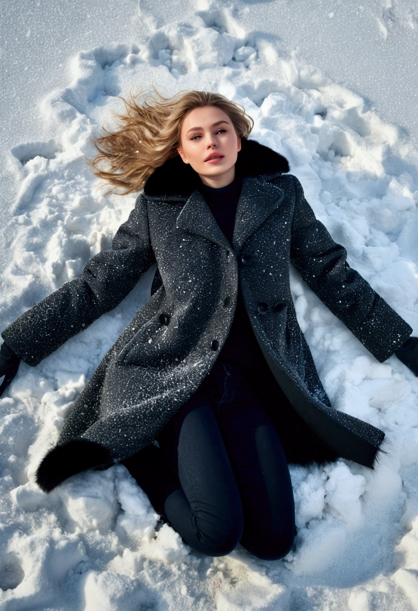 ((masterpiece: 1.2)), ((best quality)), ((high definition: 1.2)), (12k quality), (( photorealistic: 1.3)), a young and pretty Russian female model wearing a heavy winter coat, lies on the ground making a snow angel.