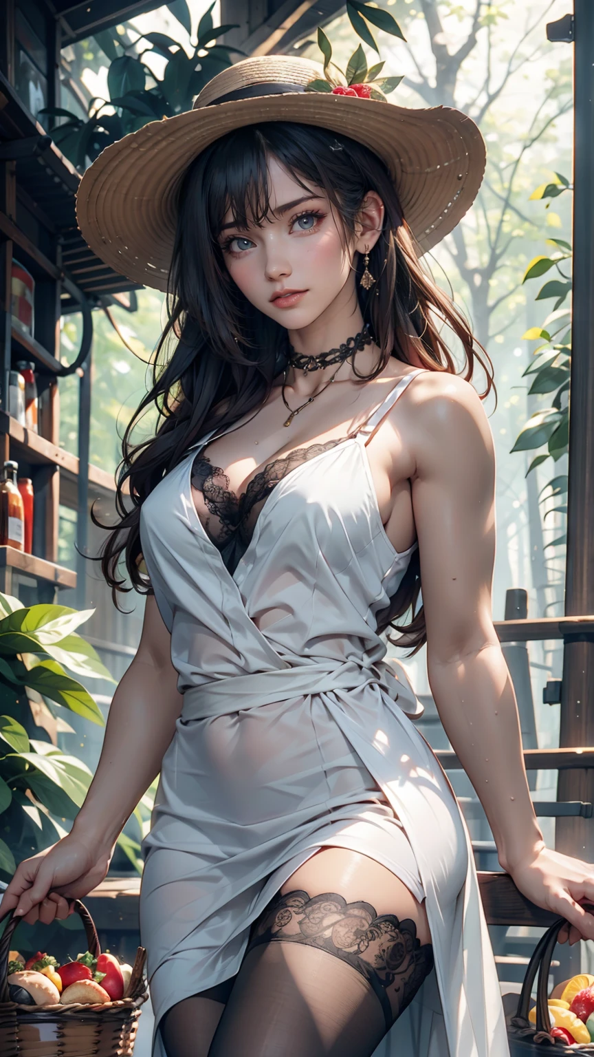 ((最high quality, 8K, masterpiece: 1.3, Ultra HD, high quality, 最high quality, High resolution, realism)) 、 24-year-old woman、Sexy proportions、Sexy、Narrow waist、mature female body、Summer dress with lace embellishment、Wear a lace cardigan、Heel、Holding a rattan basket(It contains sandwiches and water bottles.)、picnic、Ribbon-decorated choker、Wide-brimmed hat decorated with ribbon、A stroll along a beautiful forest path bathed in sunlight
