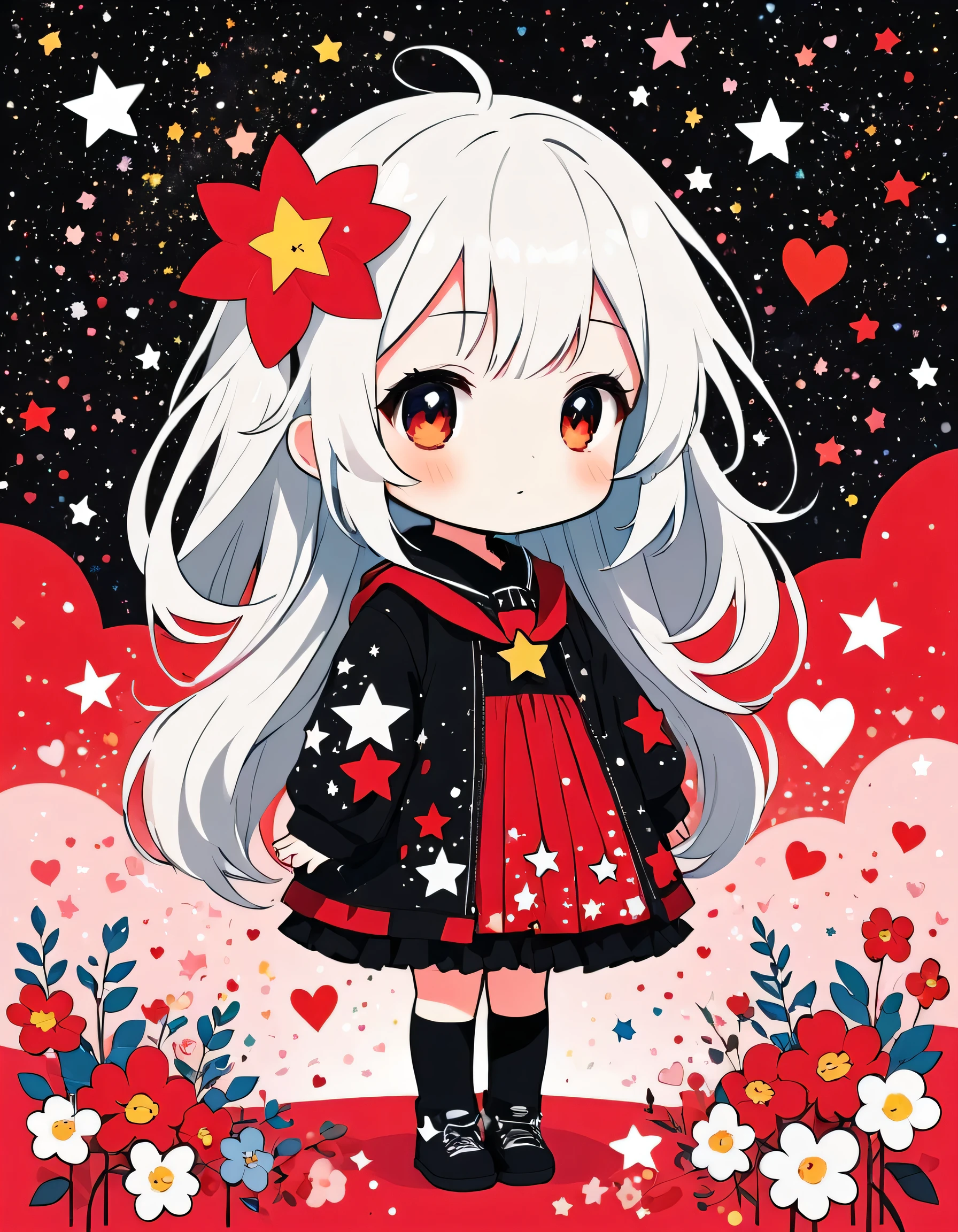 Black Star Red and White style, Simple Line Initialism，Abstract art，kawaii Design, (((The most kawaii girl of all time))), chibi, The background is star dust, colorful hearts, colorful flowers, 