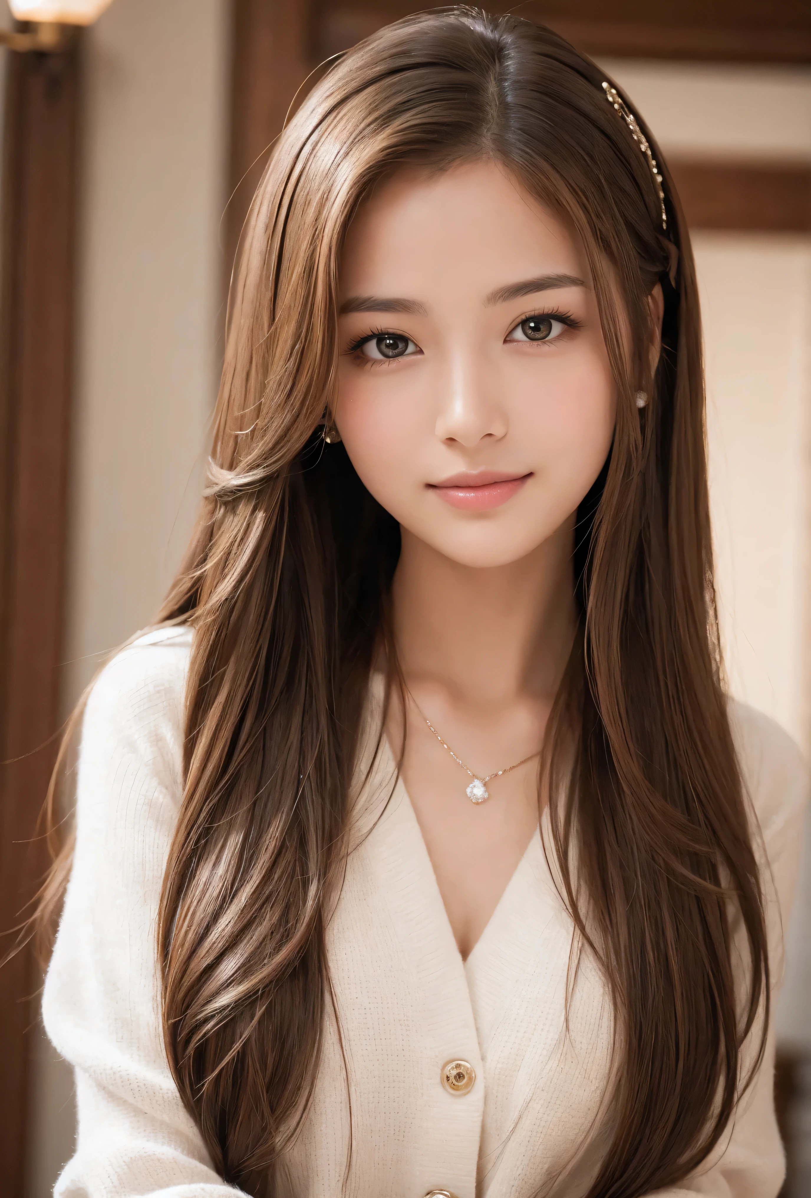 A stunning 8k masterpiece portrait of a beautiful girl with long, luscious brown hair, expertly styled in an elegant pulled-back hairstyle. Her warm brown eyes sparkle with a subtle smile, closed mouth at 1.2 inches, conveying gentle warmth. Delicate features and a delicate face frame her captivating gaze. A touch of hair accessory adds a dash of sophistication to this high-quality, best-in-class portrait.