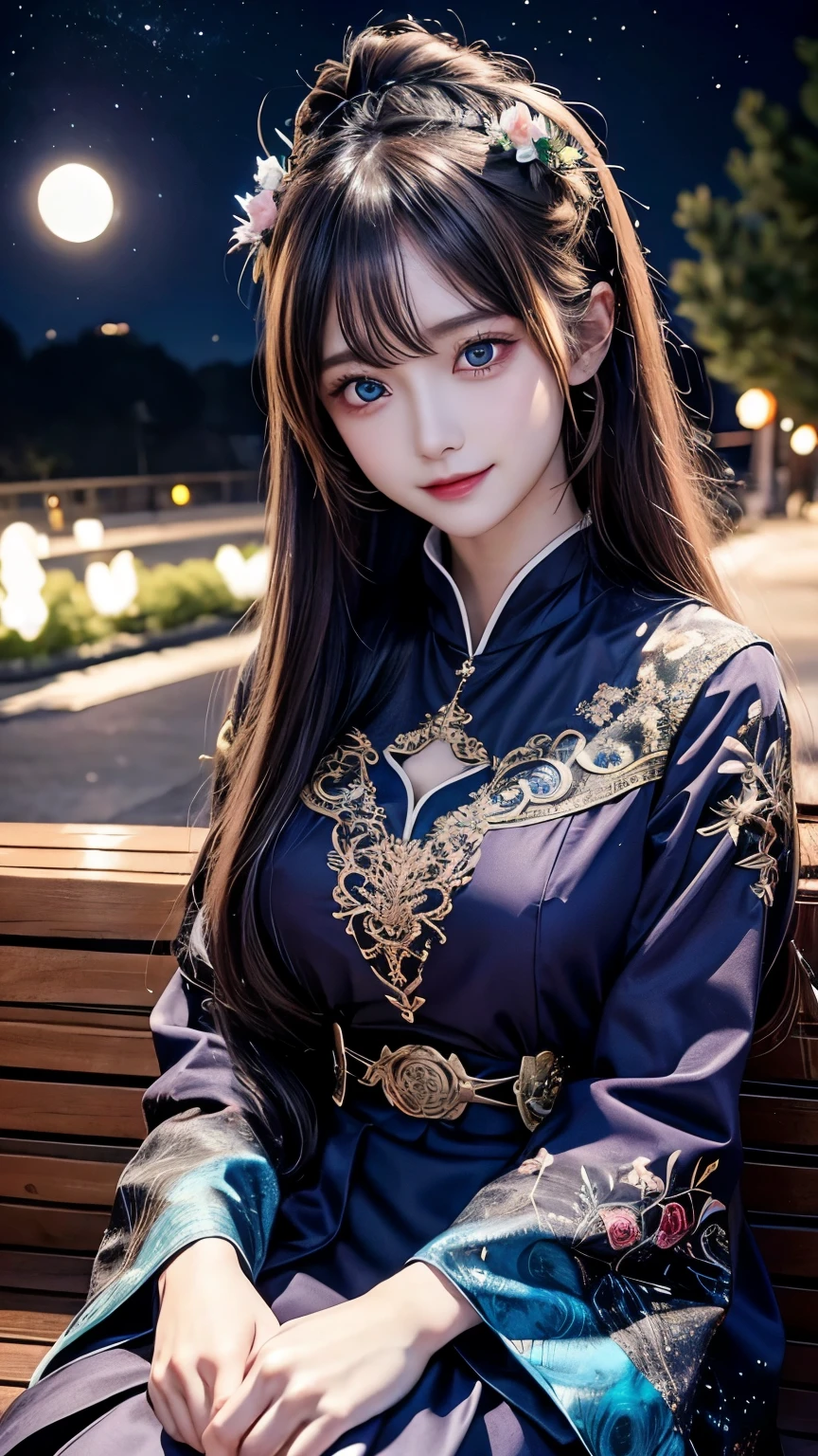 Anime girl with long hair and blue eyes standing in front of full moon, style of anime4 K, Stunning anime face portrait, Detailed digital anime art, Anime art wallpaper 4k, Anime art wallpaper 4k, Anime art wallpaper 8k, a beautiful anime portrait, Smiling, (Alebriss Art Style), Meteor shower in the starry sky, Several lesbians sitting together looking at the stars,incident,incident:1.3,masutepiece, Best quality, intricately details, absurderes,,(Urzan-6500-V1 version, Edition.3,PureFace_V1,rendering by octane)