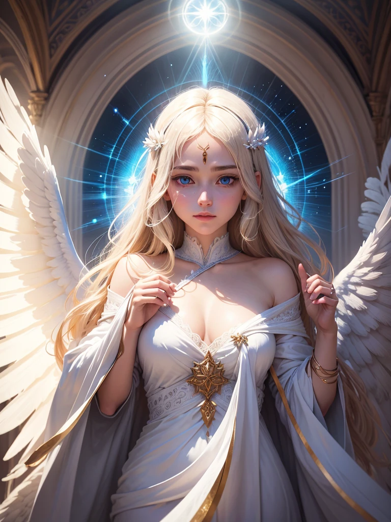 Gabriel is a being of transcendental beauty, radiating an aura of peace and serenity. Your shining white wings, reminiscent of pure heavenly light, They are symbols of your divine nature. Your bright blue eyes reflect infinite wisdom, while her blond hair seems woven from the sun's rays, emanating a soft light that illuminates everything around it. Wearing an immaculate white tunic, he is the personification of purity and holiness.