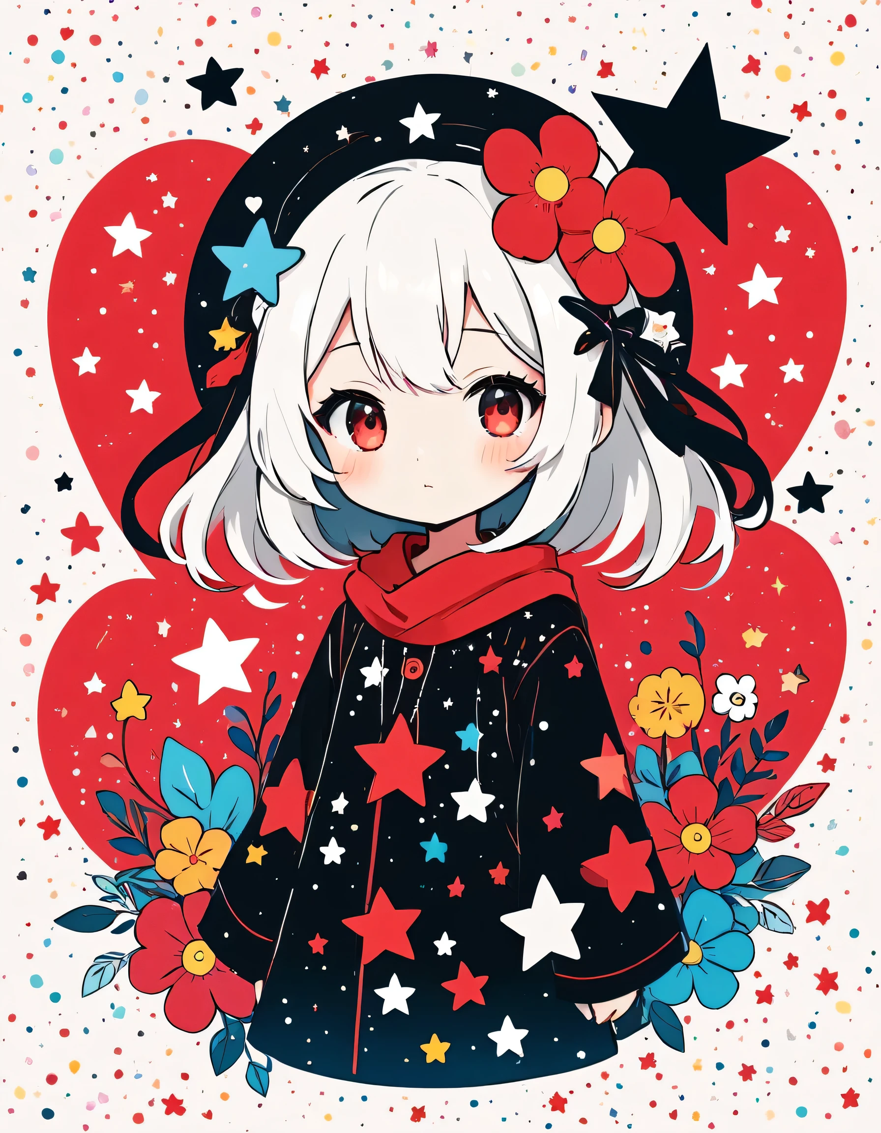 Black Star Red and White style, Simple Line Initialism，Abstract art，kawaii Design, (((The most kawaii girl of all time))), chibi, The background is star dust, colorful hearts, colorful flowers, 