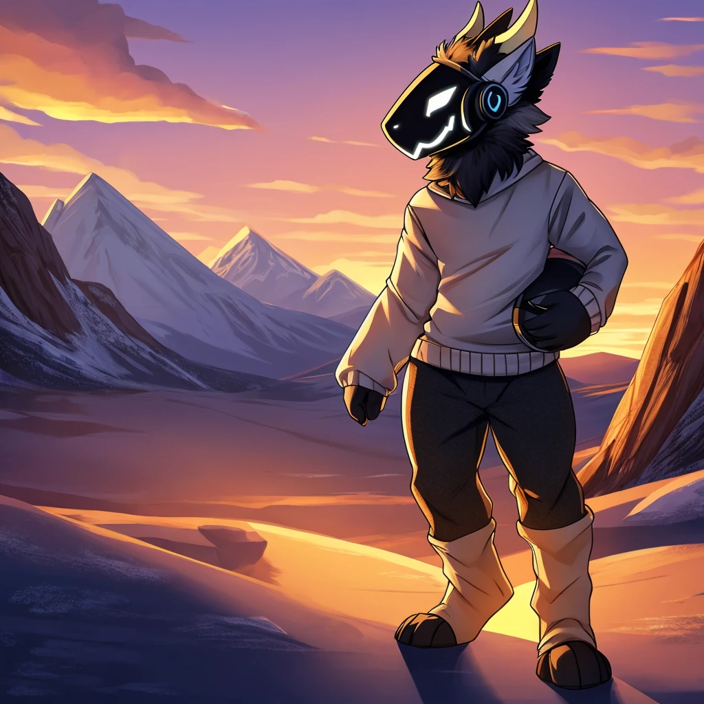Hairy protogen with horns not so big or small on his head and smiling in a mountainous sunset and blue with black and white with the body of a protogen with more vital parts and with a sweater and mountain pants being alone