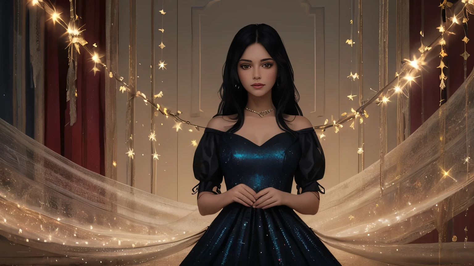 ((best quality)), ((masterpiece)), (detailed), A digital illustration of a young woman surrounded by fabric and sewing materials, with magical sparkles emanating from her hands as she creates a dress. She has long black hair and is wearing a flowing red dress.