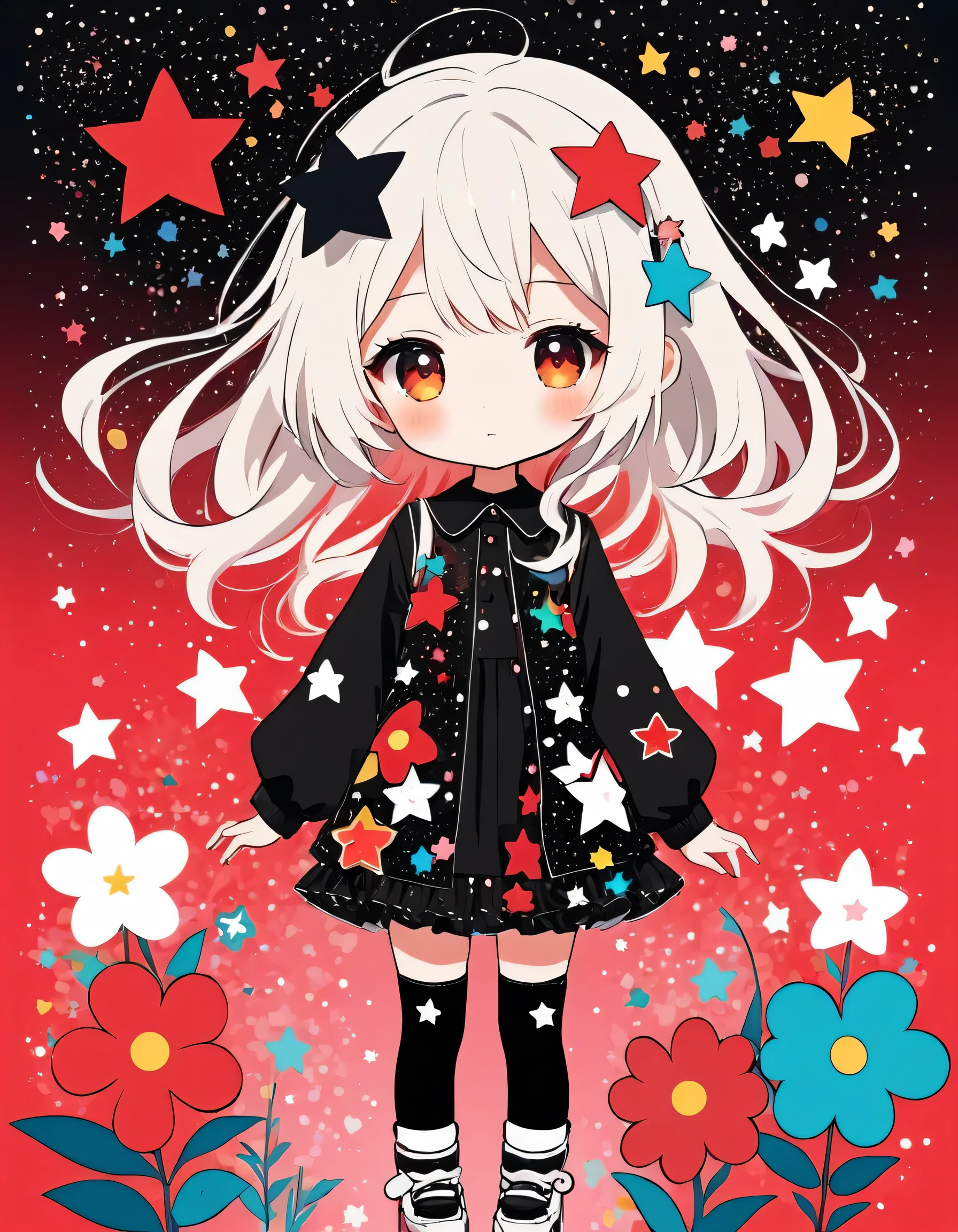 Black Star Red and White style, Simple Line Initialism,Abstract art,kawaii Design, (((The most kawaii girl of all time))), chibi, The background is star dust, colorful hearts, colorful flowers,