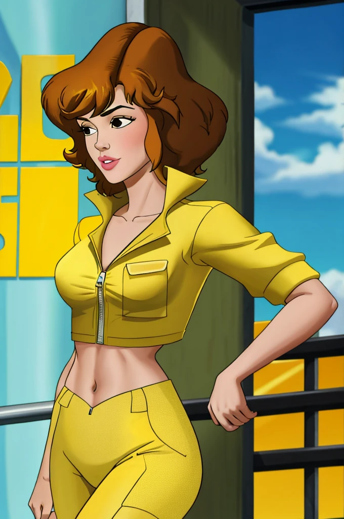 April o'neil with a bare midriff wearing a crop top of her yellow jumpsuit