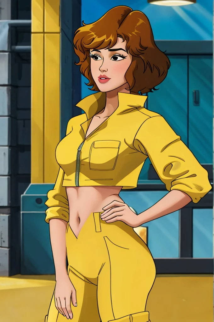 April o'neil with a bare midriff wearing a crop top of her yellow jumpsuit