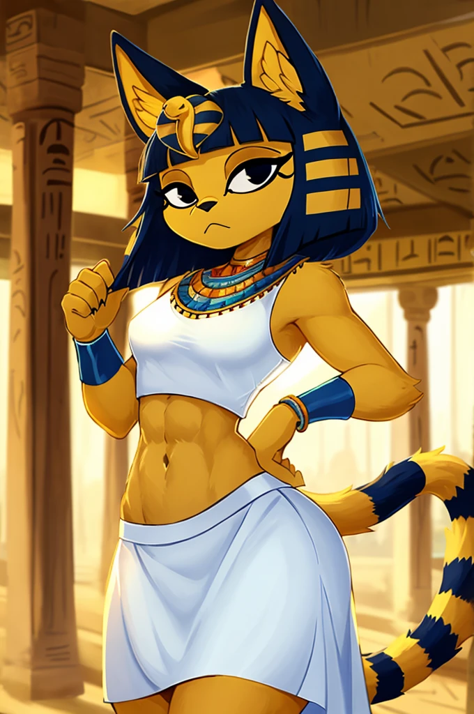 ((best quality)), ((masterpiece)), (detailed), a digital artwork of ankha with abs wearing a crop top of her white sleeveless dress with white long dress skirt, a bare midriff and a bare navel, Egyptian setting, tail, blue Egyptian handbands, furry, anthro style, 2d style