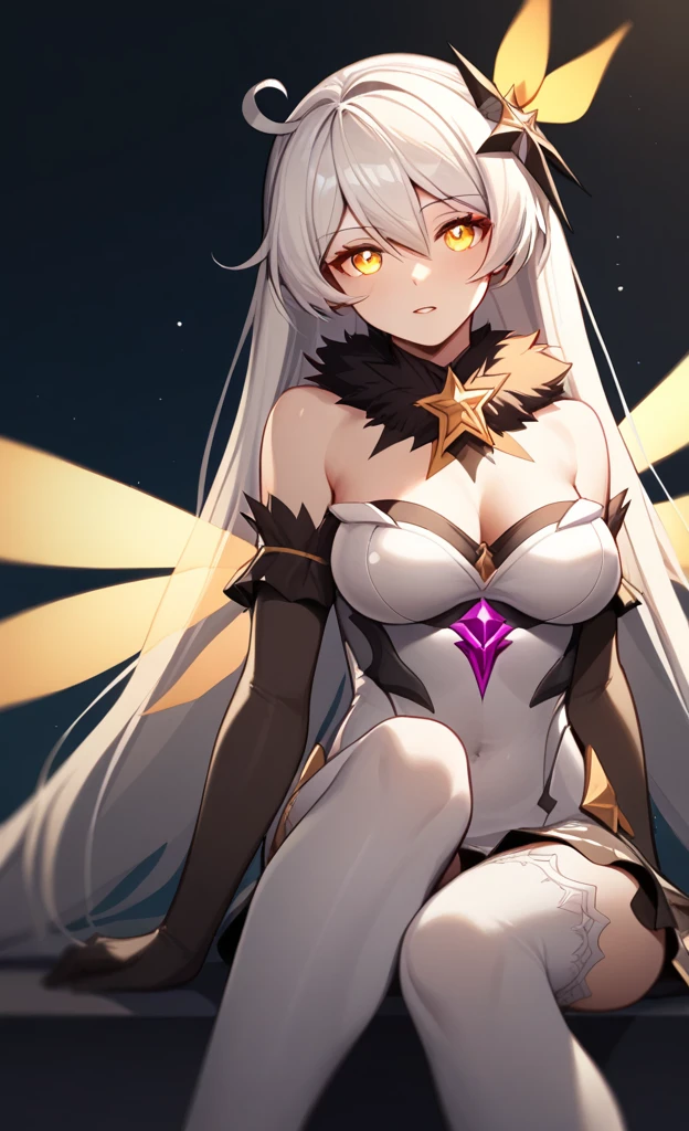 score_9,score_8_up,score_7_up,1girl, kiana_kaslana_\(herrscher_of_the_void\), solo, sitting, very_long_hair, white_hair, sidelocks, hair_ornament, large_breasts, medium_breasts, thighhighs, jewelry, spear, absurdres, depth_of_field, highres, armored_dress, bare_shoulders, commentary_request, dark_persona, diamond-shaped_pupils, elbow_gloves, energy_wings, floating_weapon, fur-trimmed_dress, hair_between_eyes, hand_on_own_head, light_particles, looking_at_viewer, parted_lips, snapping_fingers, yellow_eyes