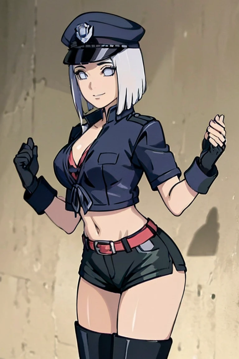 (1girl, solo, (masterpiece:1.2), best quality, , Midriffs, black Police peaked cap, White Police Top, front-tie bra, white hair, single braid , Blue eyes, Black High-waist shorts, red belt, Black fingerless gloves, black Calf boots, ((perfect female figure)), seductive posture, sexy pose, ,Hinata hyuga , smile