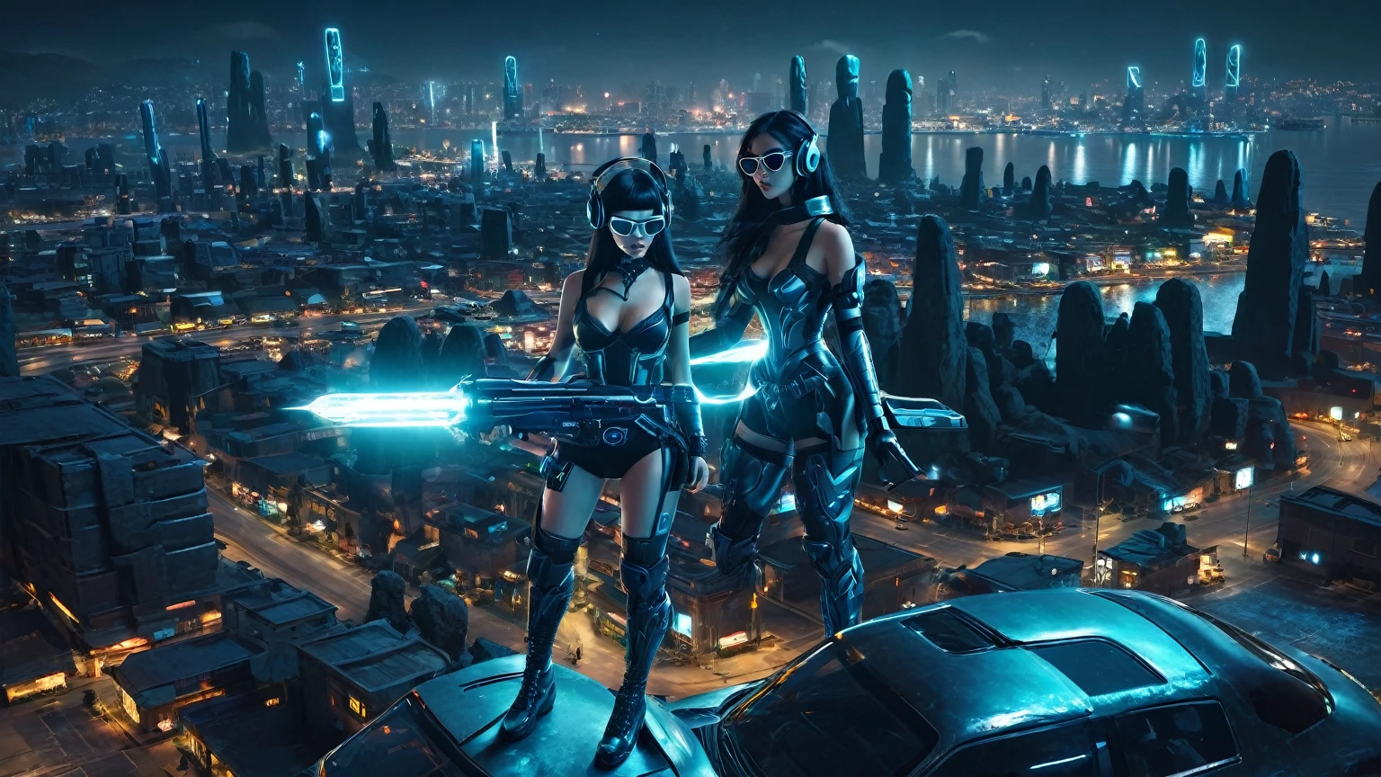 At night, dark sky, distant shot aerial view of fantasy cyberpunk style ice ((Moai-statue)) city, ((flying car)). ((1girl, solo, alone)), medium-breast:1.1 slim body, cleavage, sexy clothes, (headphone, black sunglasses, long black realistic hair), (((hip-up standing and holding pistol))), half-body thigh level medium shot, cinematic lighting, lens flare, ray tracing.