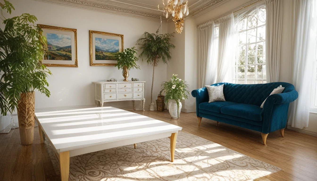 Describe a modern living space with a high-end aesthetic. The room has a single floor-to-ceiling window with a French triumphal arch outside, filtering the afternoon sunlight. The walls are painted a crisp white, and the floor is covered with the same colour carpet. The room is furnished with a high-sensitivity stereo system, a wine table, and a deep green sofa. The white curtains are adorned with pendant lights, and there is a potted plant nearby. The overall atmosphere is serene and elegant. Please provide a detailed description of the room with a resolution of 16k and a focus on creating a beautiful and realistic scene.