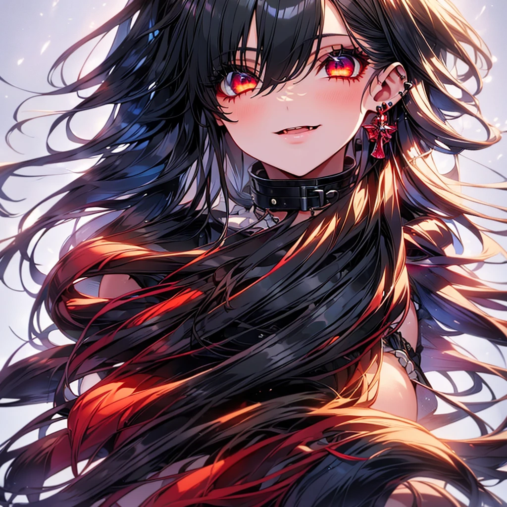 1 girl, solo, red eyes, cat ears, straight long hair, bottom lip piercing, wearing earrings, wearing a black lingerie, sitting on couch, long eyelashes