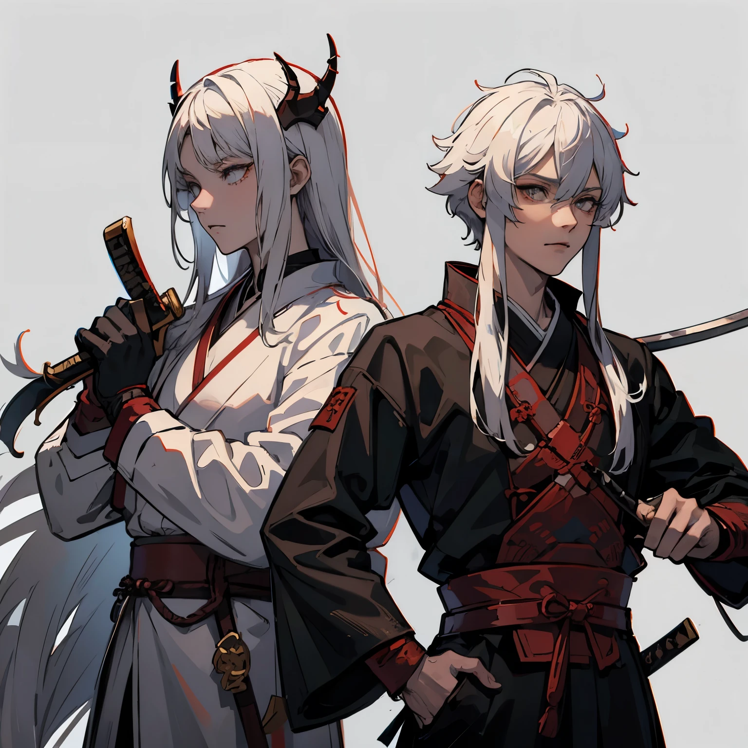 demon slayer, white hair, long hair, holding 2 katanas, left and right hand, samurai clothing, retro japanese
