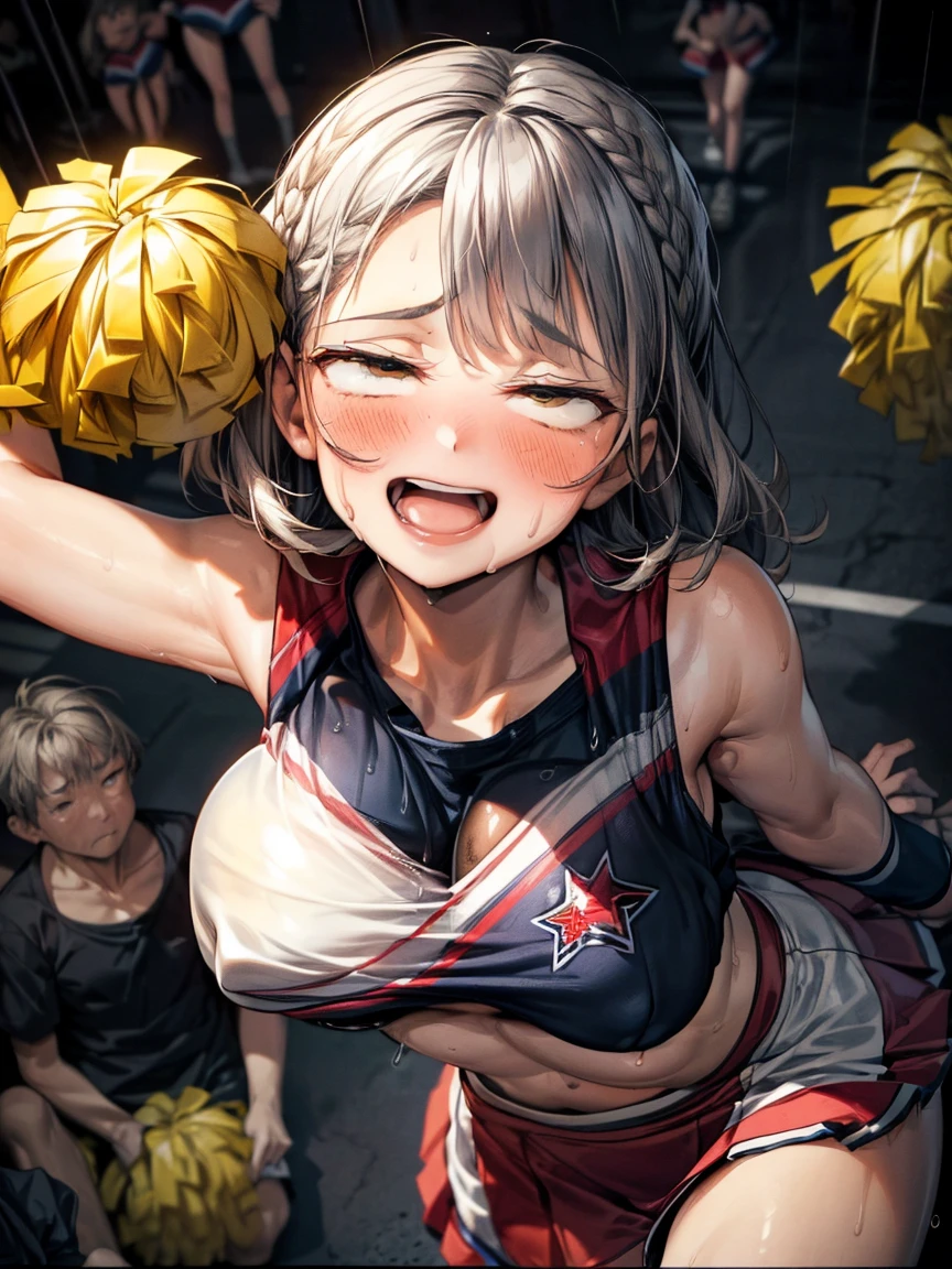 (Very tiny girl rides guy perfectly:1.5)、(Petite girl riding:1.3)、(Big Breasts:2)、(eyes half closed:1.9)、(Grin:1.1)、(The body shakes violently)、8K resolution、 ((Highest quality))、Anatomically correct、(Cheerleader:1.9)、((Hasselblad Photos))、[:(Detailed face:1.2):0.2]、(heavy rain:1.5)、(Sweaty:1.6)、(Top view:1.9)、(braid one's hair:1.5)、(Loss of strength from the body:1.3)、(呻吟)、(Jump:1.6)、(Surrounded by a lot of middle-aged men:1.6)、(Upper Body:1.9)、(Leaning forward:1.6)、(rape:1.6)