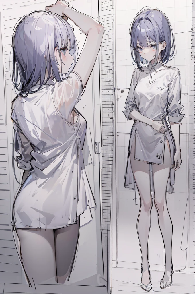 short girl, small breasts, 1 girl, shower, suggestive pose, close up, wet,, multiple views, pencil sketch, (sketch:1.25), best quality, Line draft, highres, (ultra-detailed:1.1), (illustration:1.1), (infographic:1.2), (solo), perfectly drawn hands, standing, cohesive background, paper, action, (character design:1.1)
