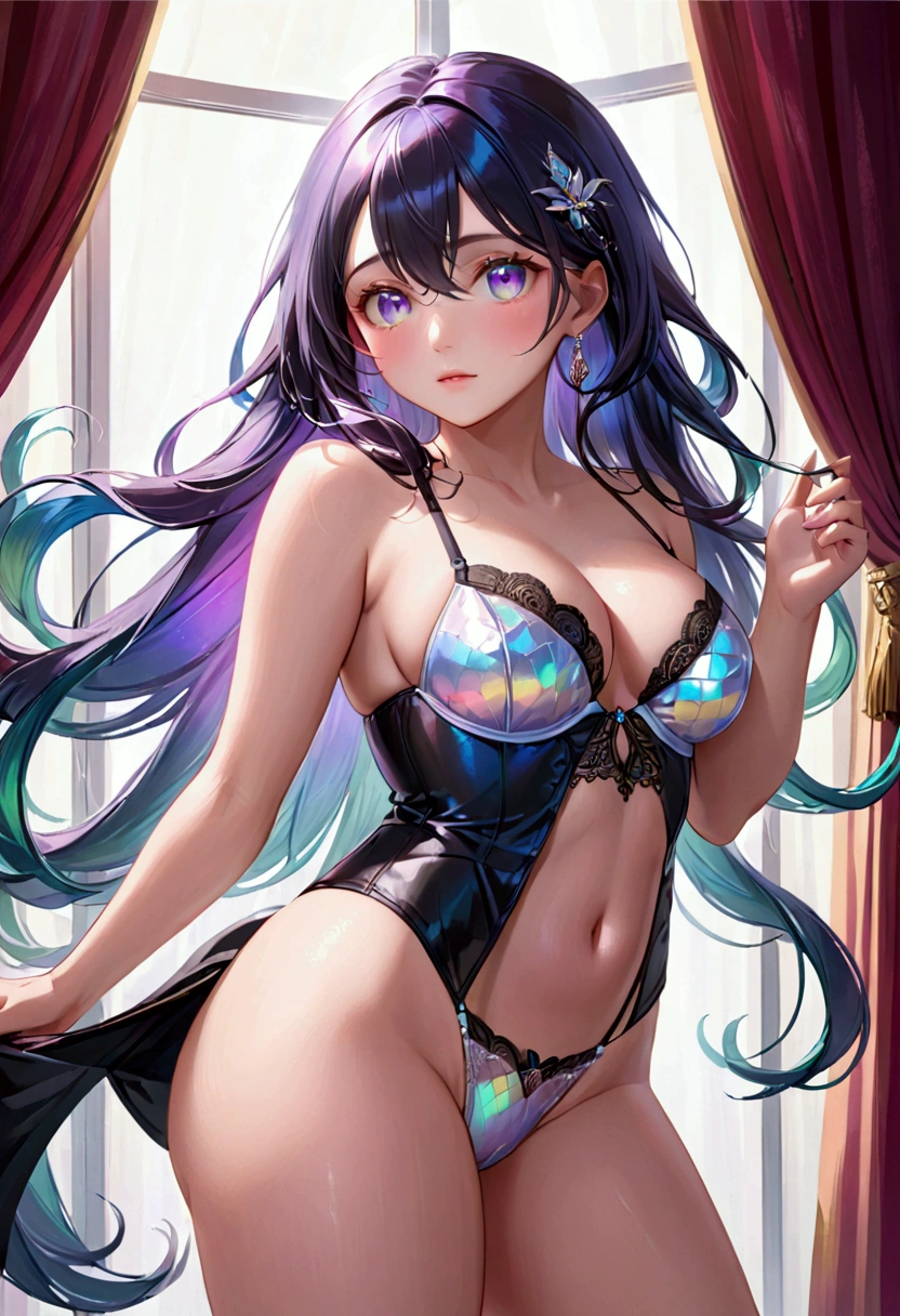 (masterpiece), best quality, expressive eyes, perfect face, Adult Female,long dark iridescent hair, iridescent eyes, small waist, , large thighs,panties and bra