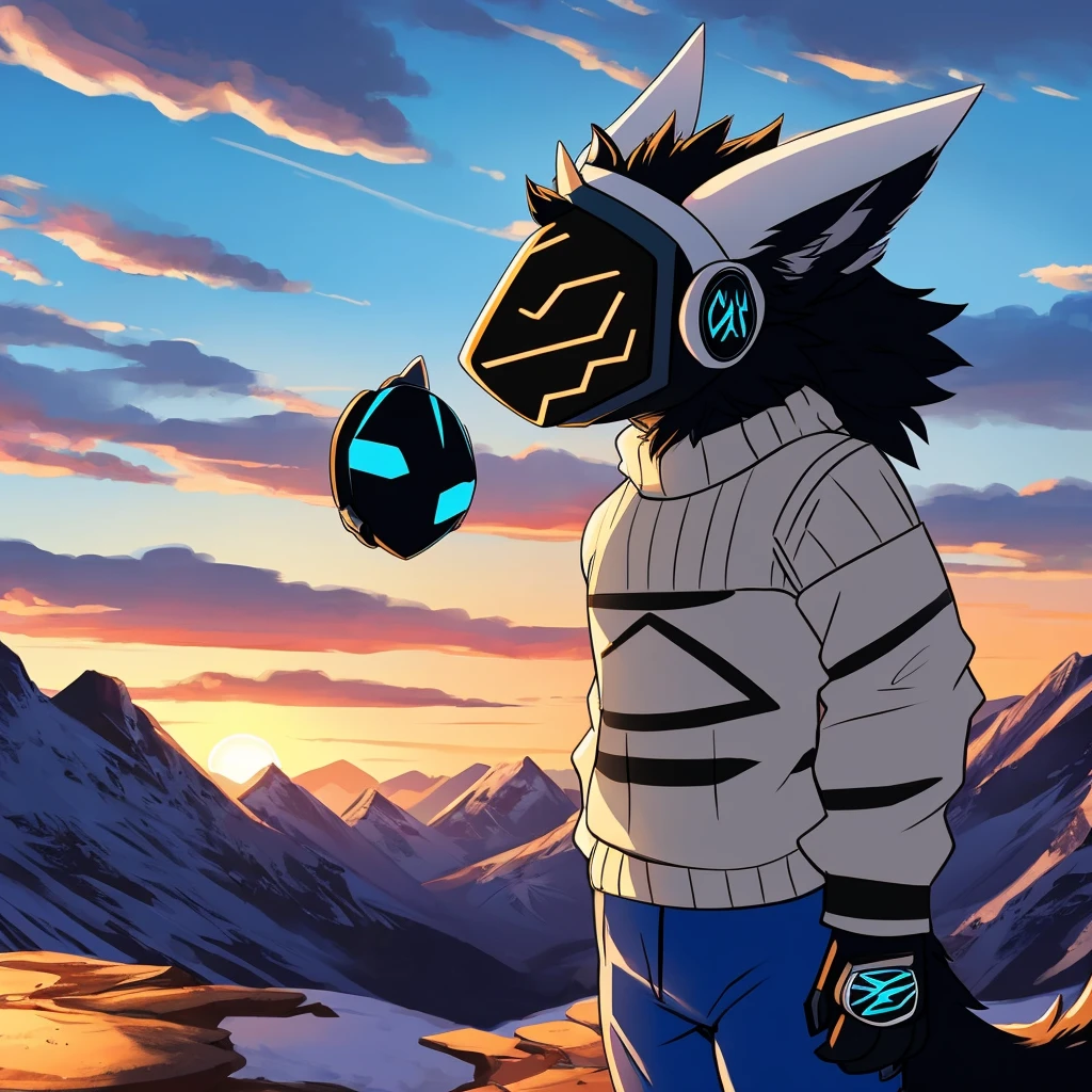 Hairy protogen with horns not so big or small on his head and smiling in a mountainous sunset and blue in color with black and white fur and with the body of a protogen with more vital parts and with a sweater and mountain pants being alone and its somewhat long tail 